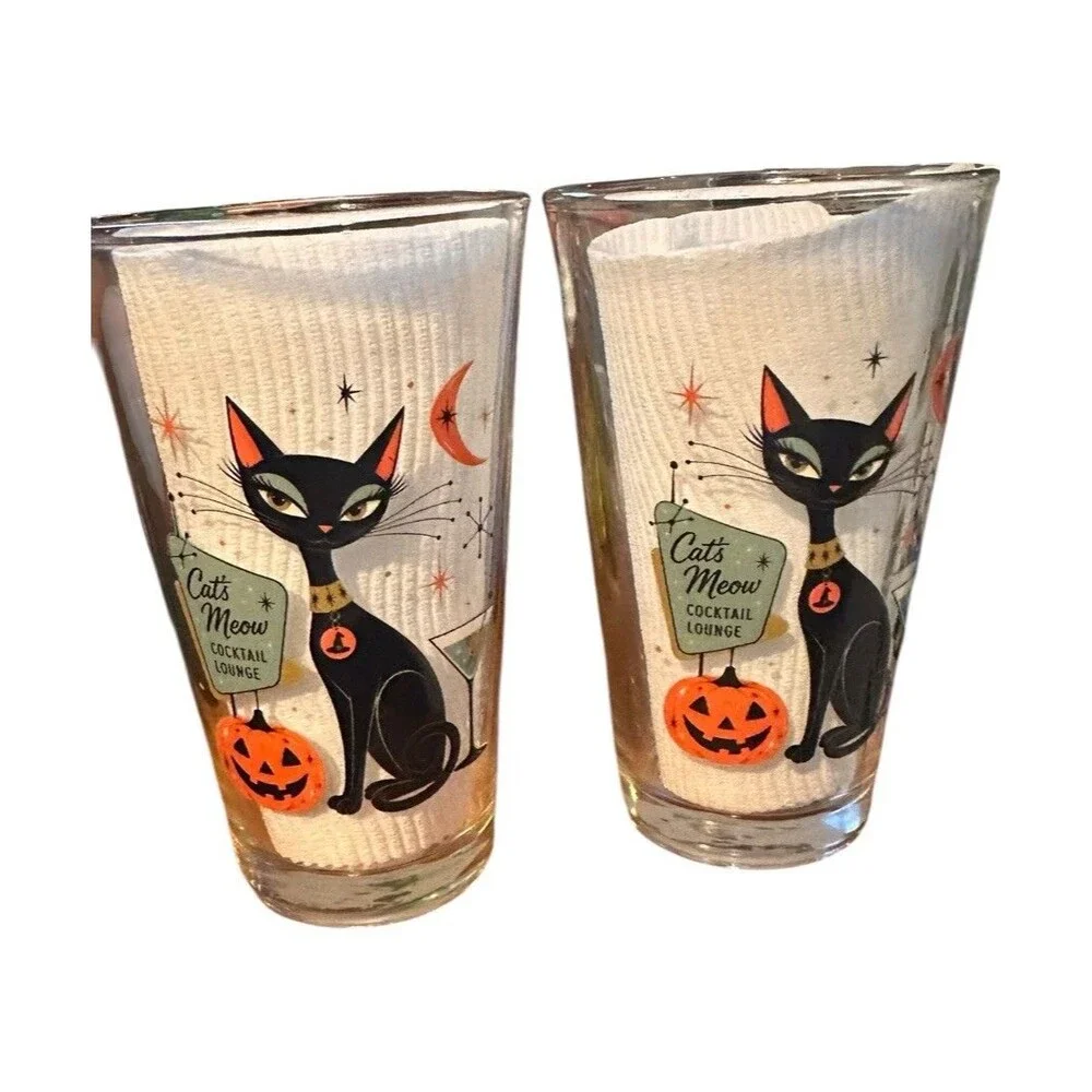 2- 16 oz Retro Halloween Black Cat Cocktail Glass, Heavy Pilsner Beer Glass